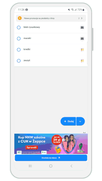 A Listonic shopping list with one ad at the bottom of the screen