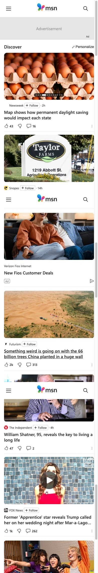 Mobile MSN view with ads between news stories at three scroll points