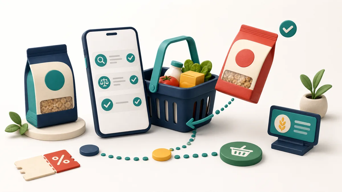 Illustration of shopper marketing showing product choice, basket and coupon.
