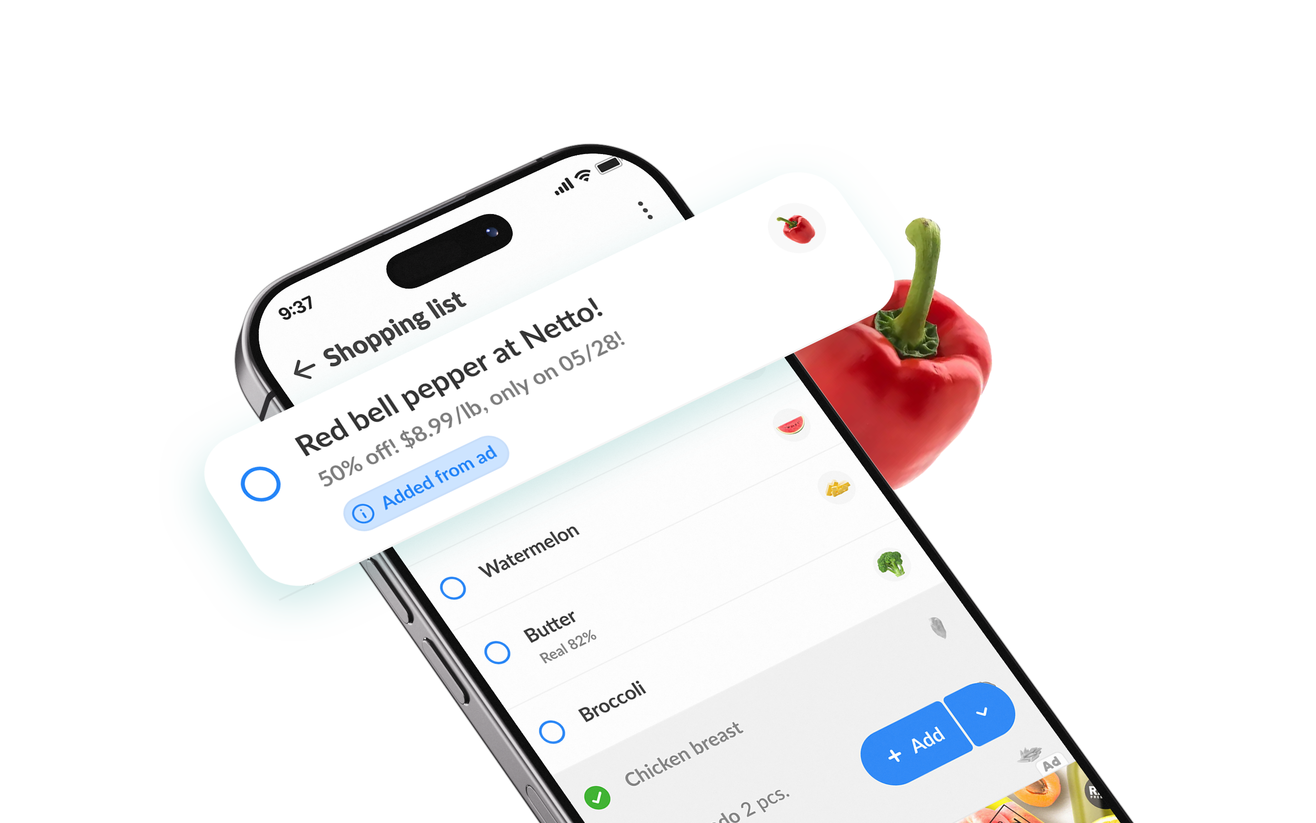 Listonic app mockup with an ad on a phone screen